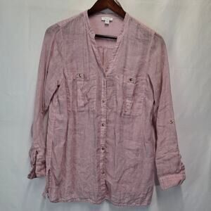 J. Jill Love Linen Pink 100% Linen Roll Tab Button Up Shirt Top Tunic Small